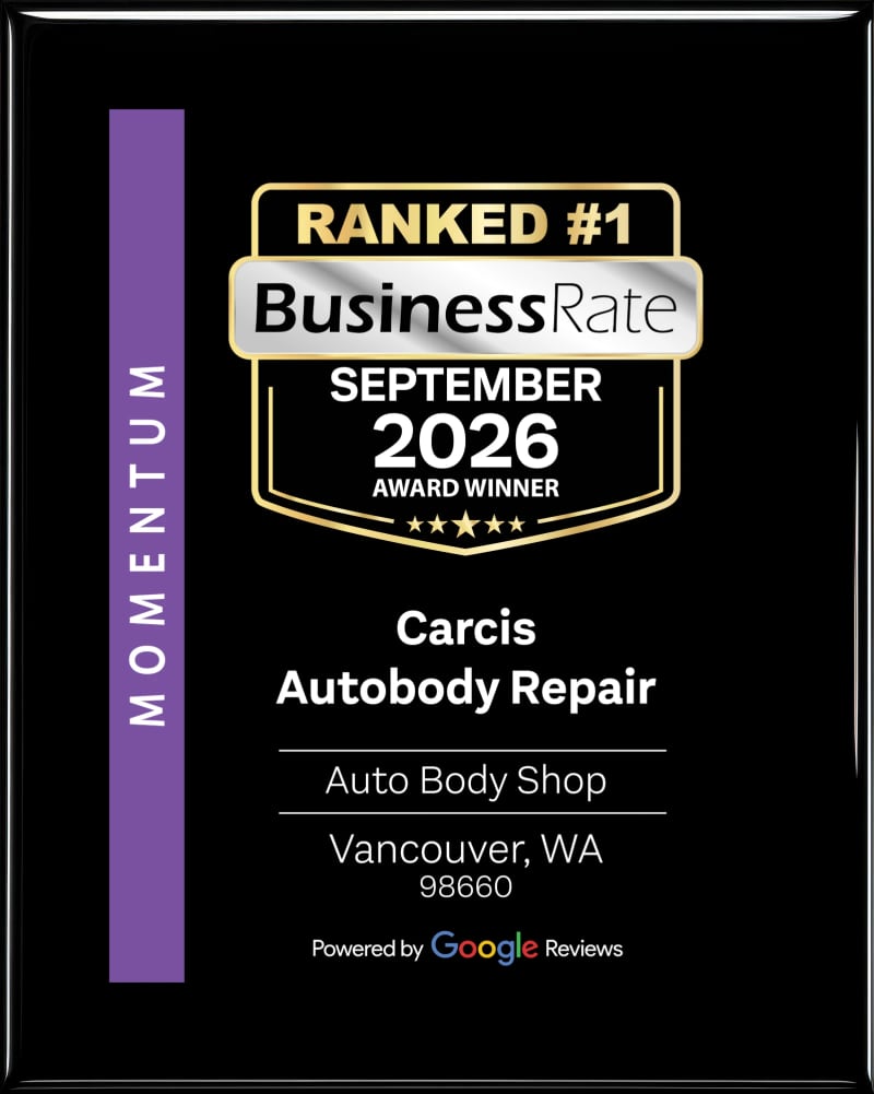 BusinessRate plaque: Ranked #1, Momentum, September 2026 award winner, Carcis Autobody Repair, auto body shop, Vancouver WA