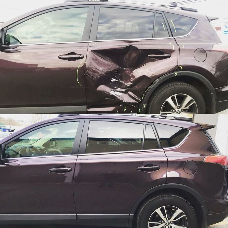 Close-up of a repaired door panel on a maroon RAV4, before and after